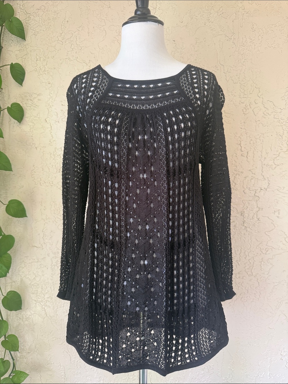 BCBGMaxAzria Black Open-Knit Scoop Neck Sweater